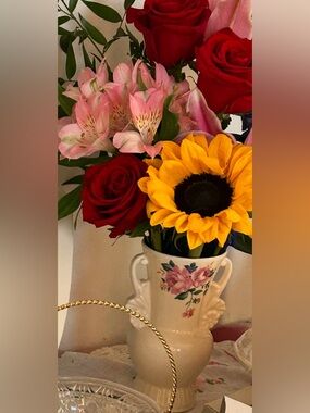 Vintage Royal Copley Pottery Cream Vase Pink Rose & Doubdle Handle Design